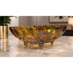 Vintage Carnival Glass Grape Harvest Oval Footed Bowl Amber Iridescent 12"